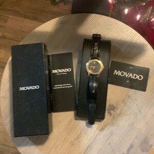 Movado black leather watch used